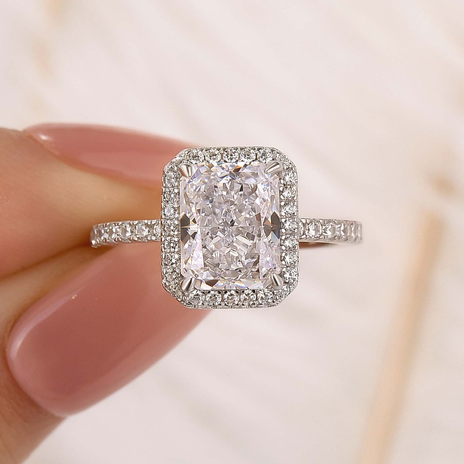 Velirella Halo Radiant Cut White Sapphire Simulated Diamond Engagement Ring - Velirellajewelry