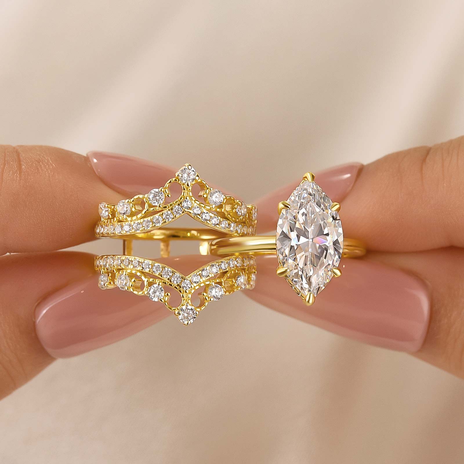 2PC Elegant 4.0Ct Marquise Cut Vintage Ring Set with Enhancer Band