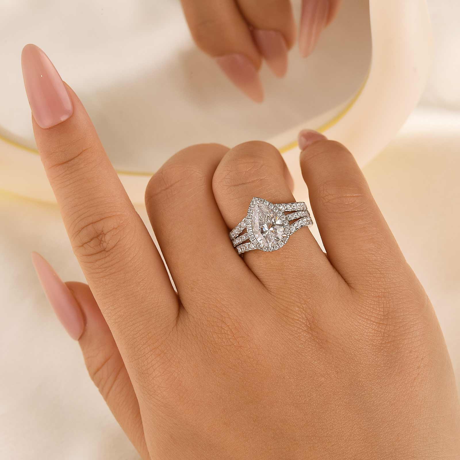 2.2Ct Halo Pear Cut Insert Wedding Ring Set With Engagement Ring Enhancer - Velirellajewelry
