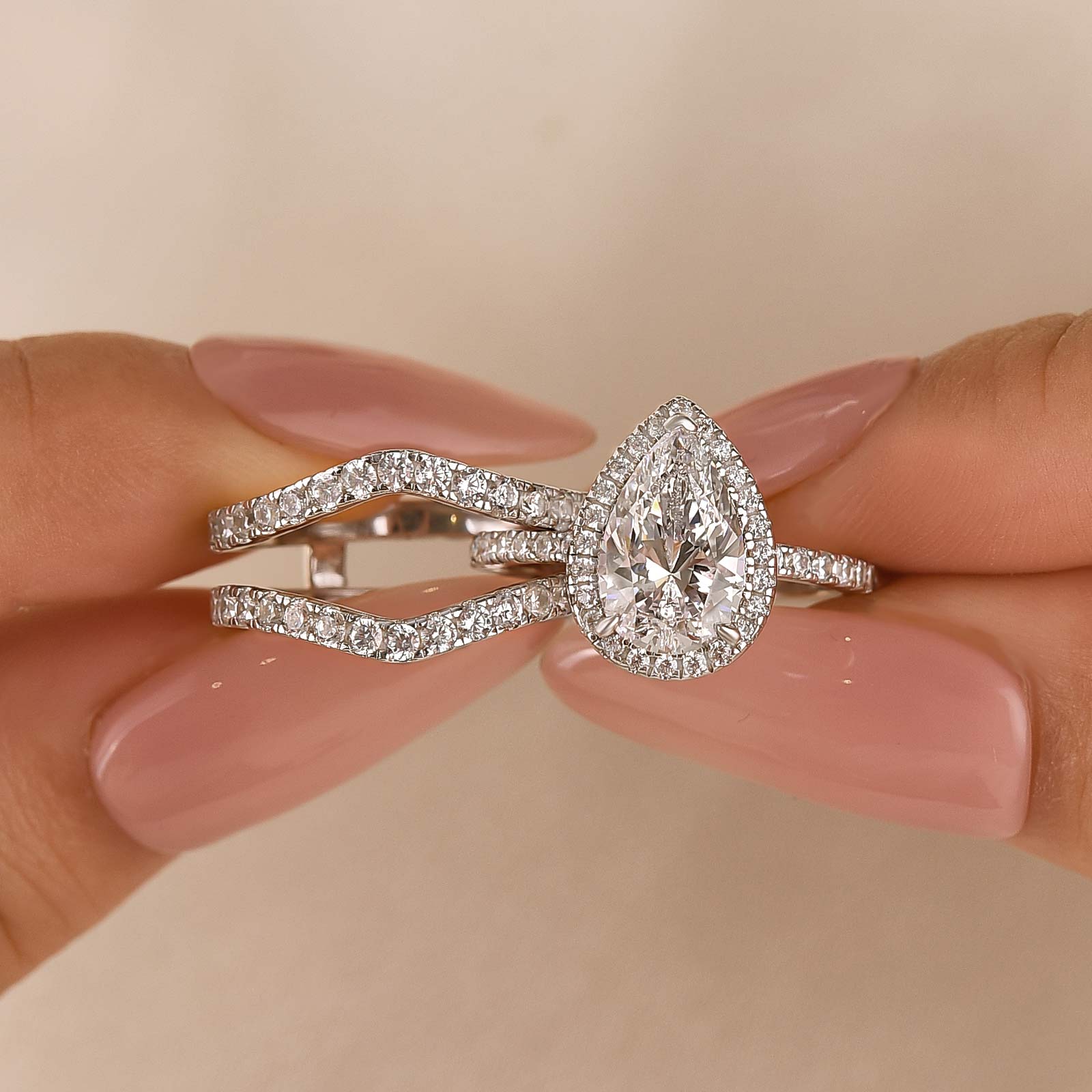 2.2Ct Halo Pear Cut Insert Wedding Ring Set With Engagement Ring Enhancer - Velirellajewelry