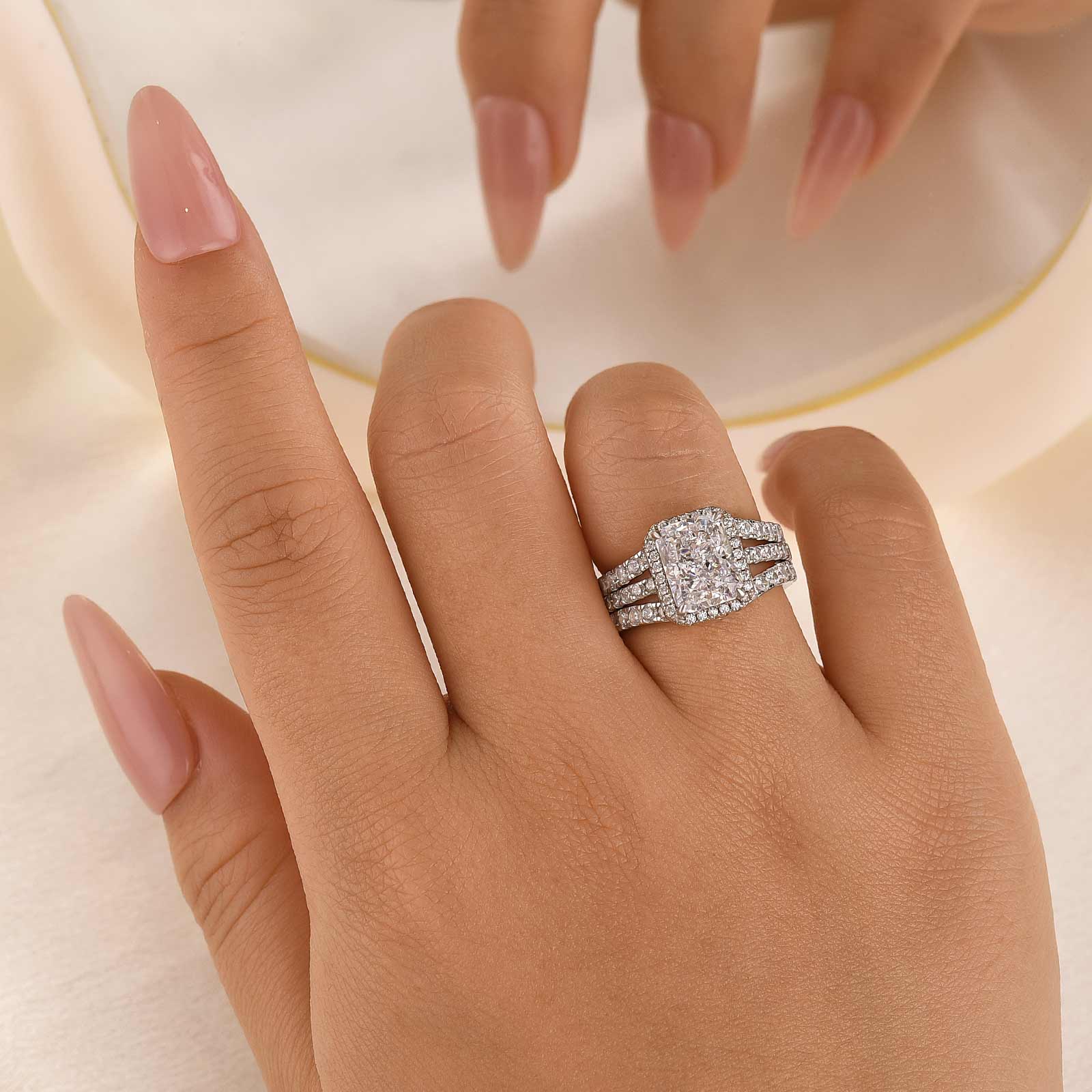 3.0 Carat Halo Radiant Cut Insert Wedding Ring Set With Engagement Ring Enhancer - Velirellajewelry