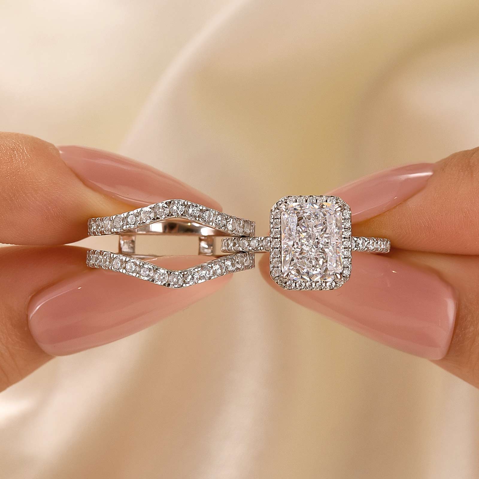 3.0 Carat Halo Radiant Cut Insert Wedding Ring Set With Engagement Ring Enhancer - Velirellajewelry