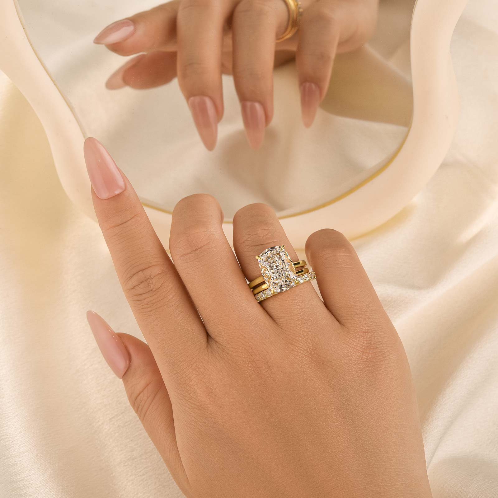 3PC 8.5Ct Wedding Ring Set Cushion Cut Hidden Halo Engagement Ring with Round&Simple Wedding Bands - Velirellajewelry