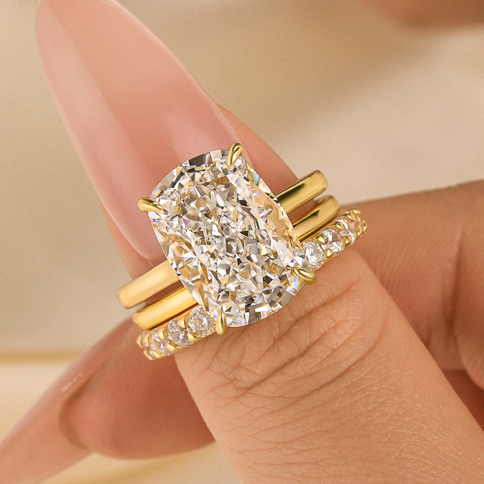 3PC 8.5Ct Wedding Ring Set Cushion Cut Hidden Halo Engagement Ring with Round&Simple Wedding Bands - Velirellajewelry
