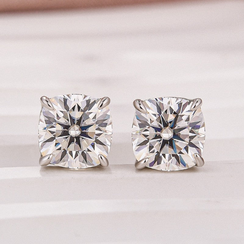 Moissanite 2.0Ct Cushion Cut Stud Earrings In Brass - Velirellajewelry