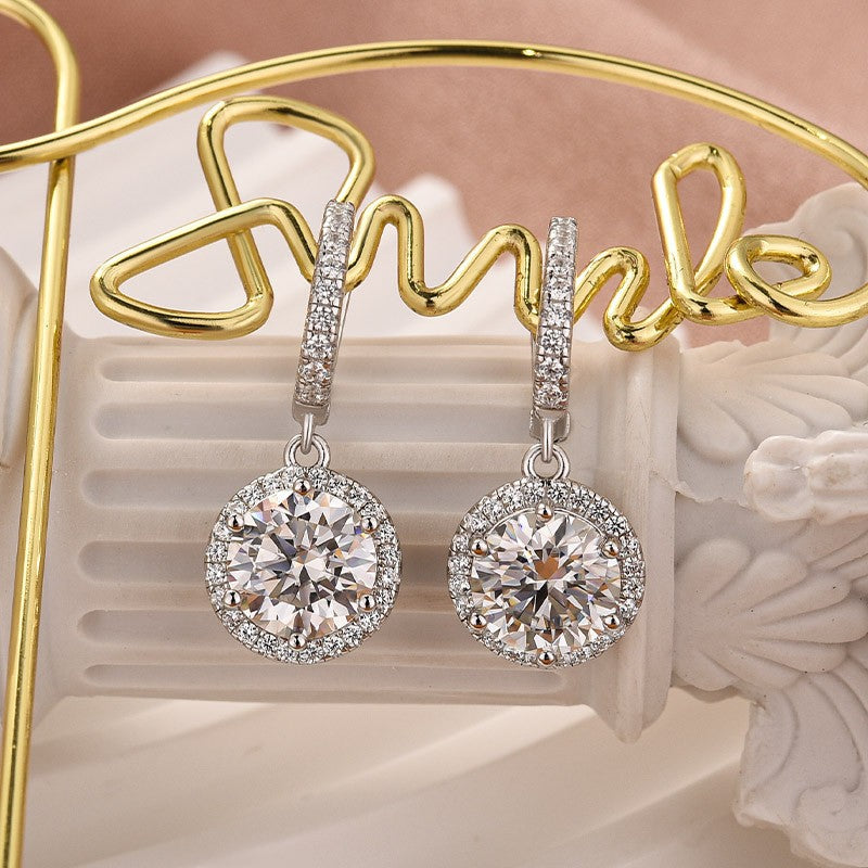 Moissanite 2.0Ct Classic Halo Round Cut Drop Earrings In Brass - Velirellajewelry