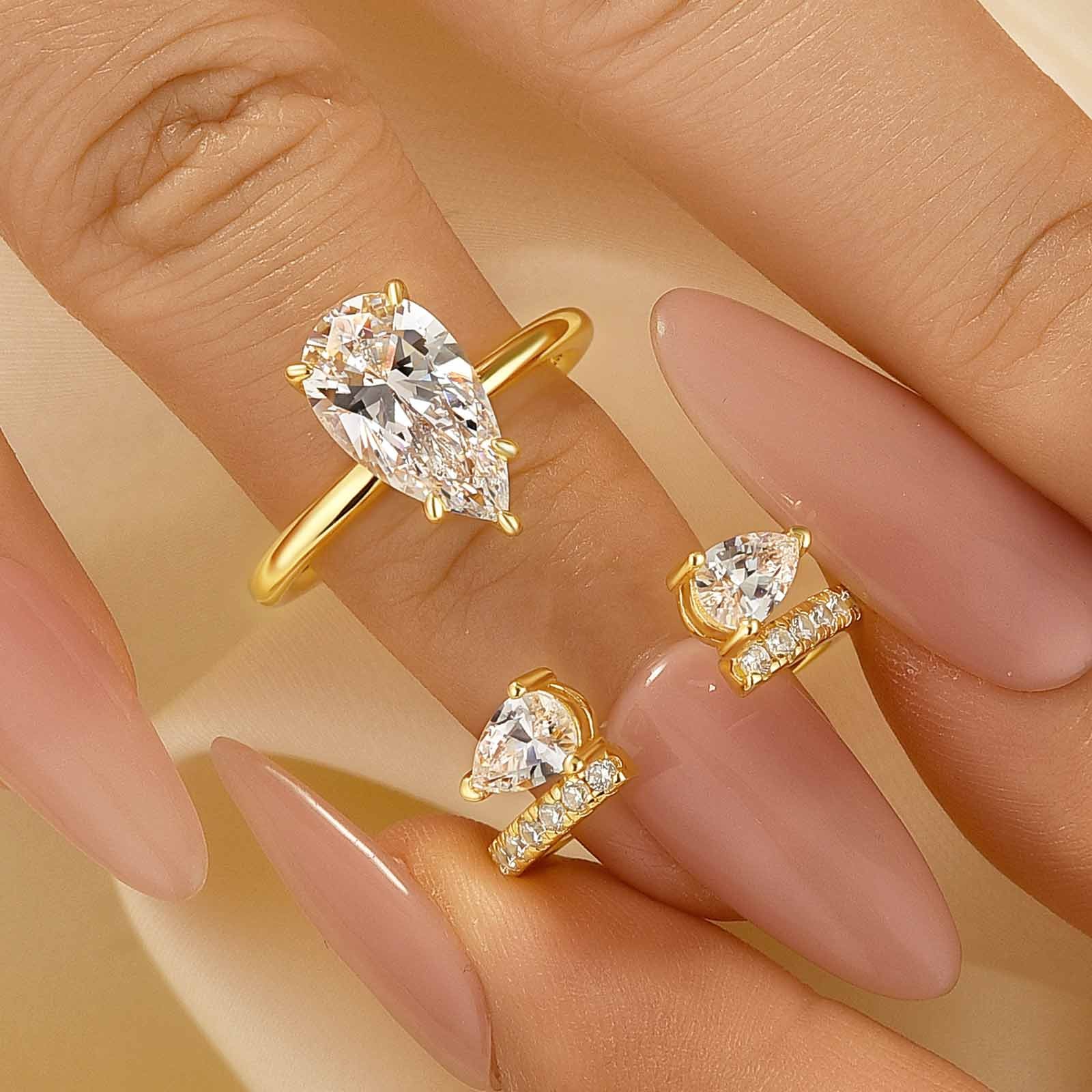 2PC Yellow Gold 3.0Ct Pear Cut Solitaire Ring & Pear Cut Open Band Enhancer Ring Sets