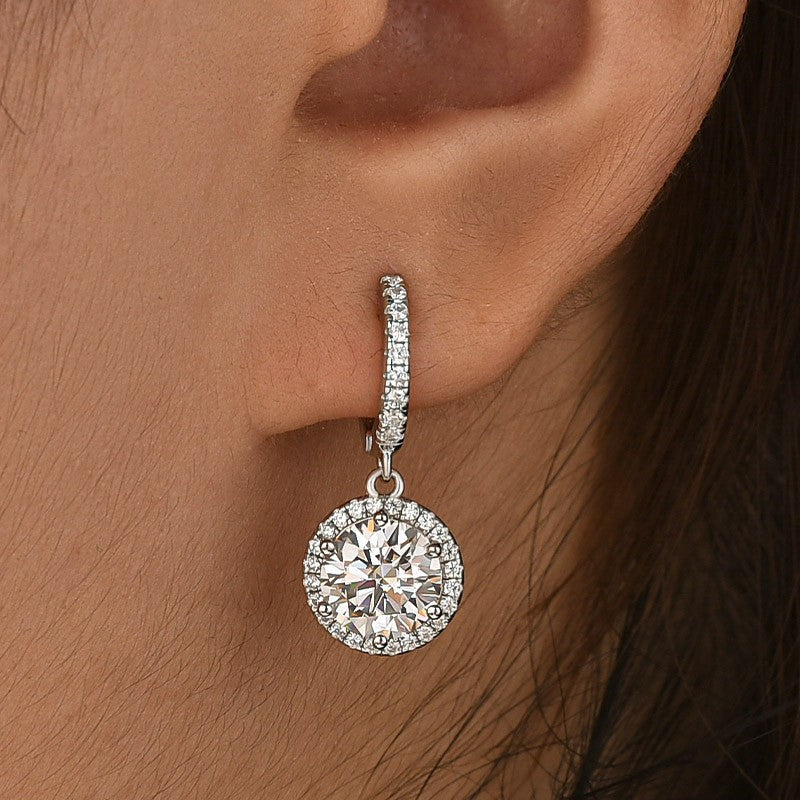 Moissanite 2.0Ct Classic Halo Round Cut Drop Earrings In Brass - Velirellajewelry