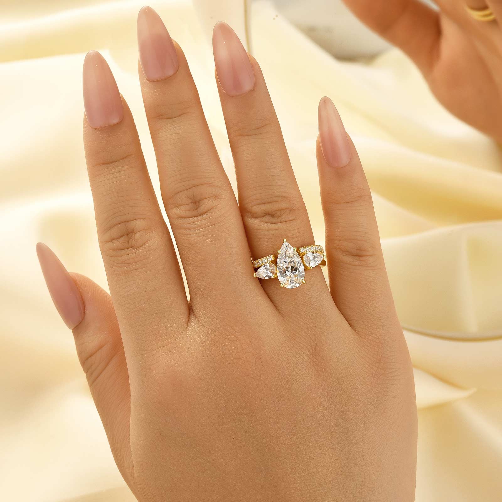 2PC Yellow Gold 3.0Ct Pear Cut Solitaire Ring & Pear Cut Open Band Enhancer Ring Sets