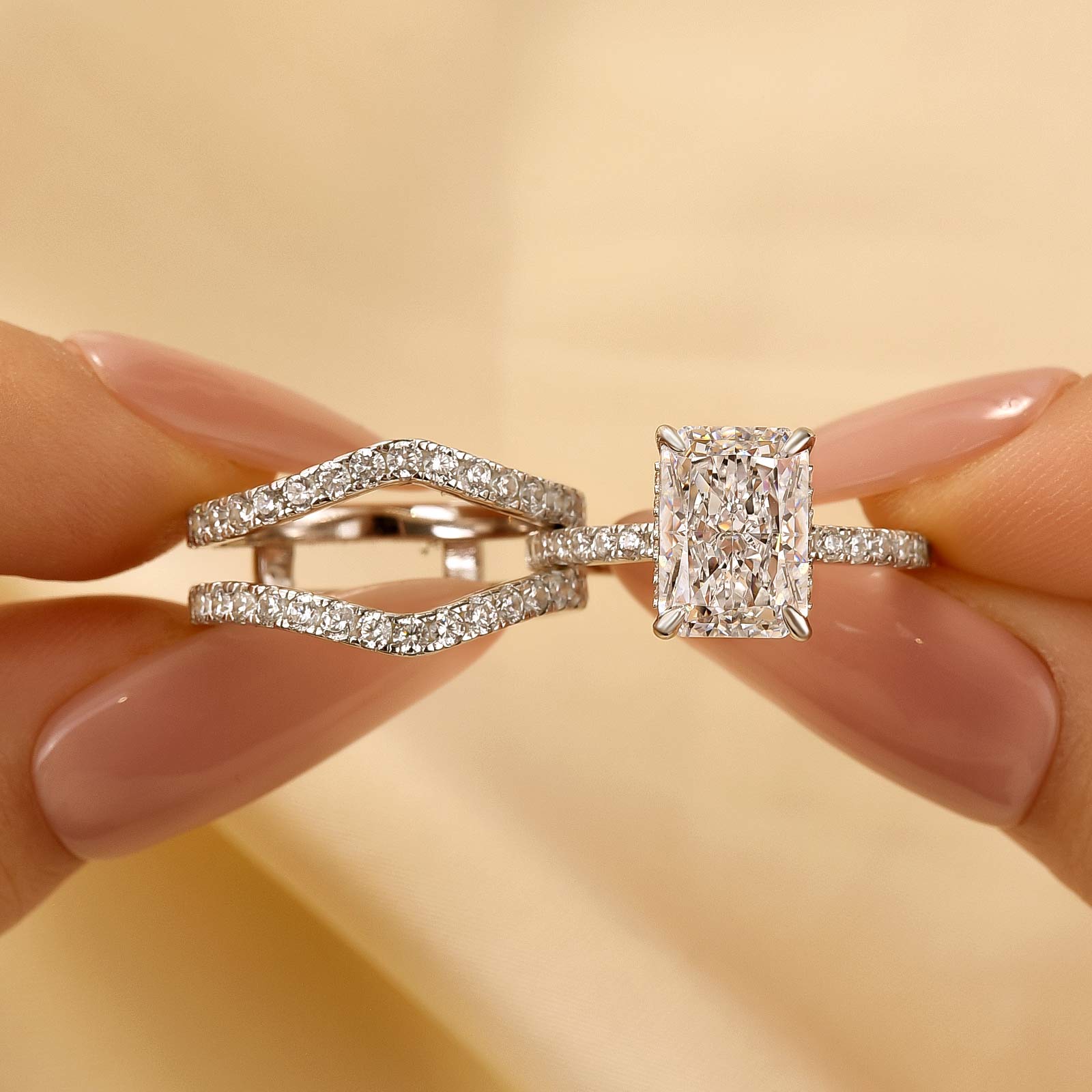 2PC 3.5Ct Radiant Cut Engagement Ring With Enhancer Wedding Band In Brass - Velirellajewelry