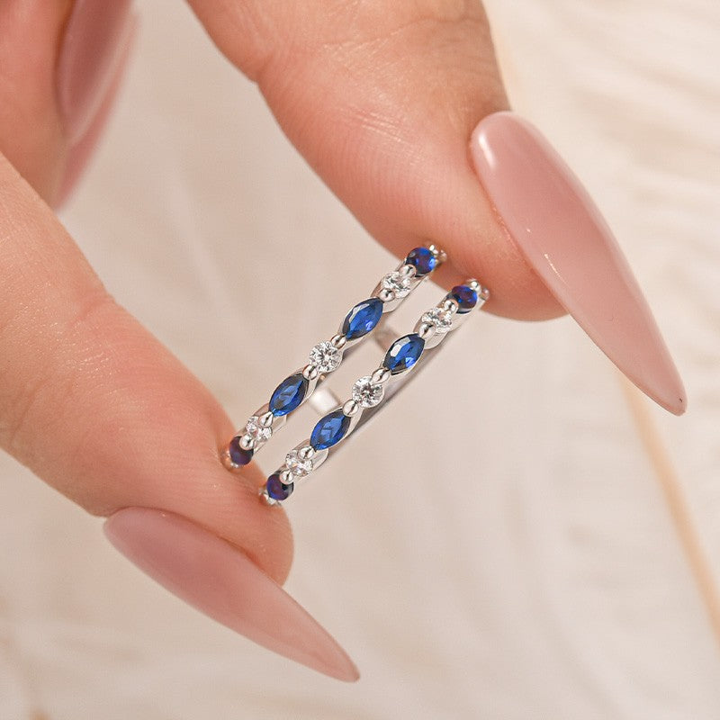 1.0Ct Blue & White Stone Unique Insert Wedding Band Engagement Ring Enhancer - Velirellajewelry