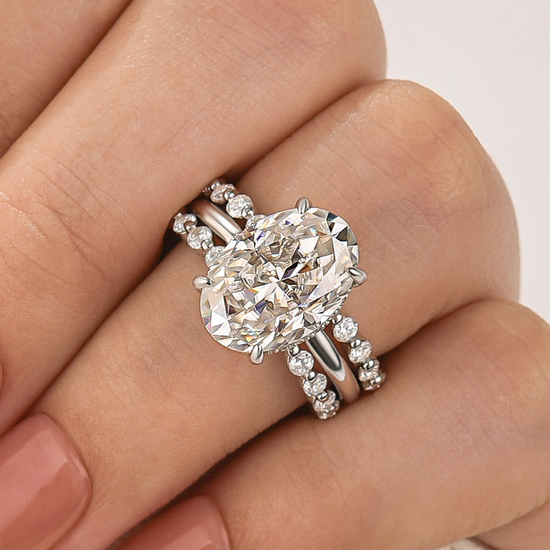 Moissanite 5.5Ct Hidden Halo Oval Cut Engagement Ring with 1.5 Ct Round Cut White Gold Anniversary Ring - Velirellajewelry