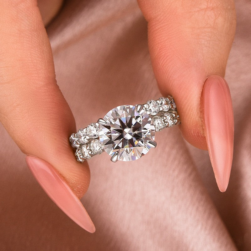 Moissanite 4.0Ct Round Cut Side Stone White Gold Travel Bridal Set - Velirellajewelry