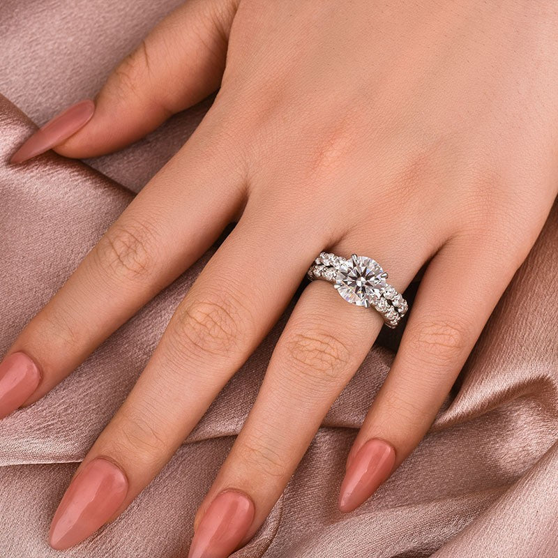 Moissanite 4.0Ct Round Cut Side Stone White Gold Travel Bridal Set - Velirellajewelry