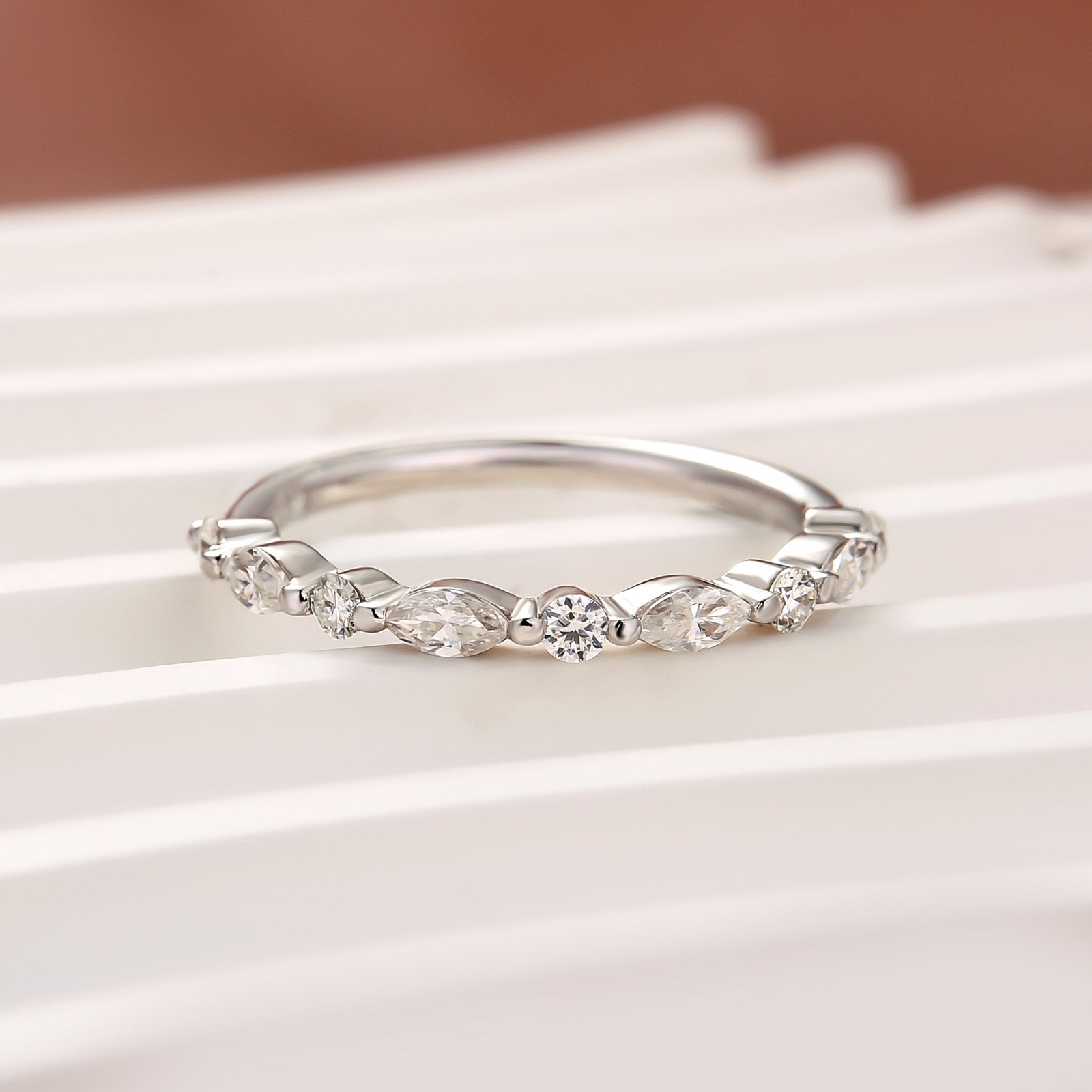 Velirella Moissanite 0.55Ct Marquise&Round Wedding Band In Brass - Velirellajewelry