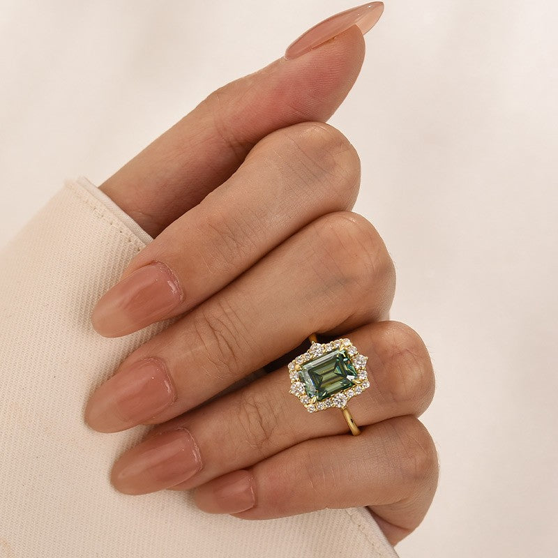 Moissanite 3.0Ct Yellow Gold Halo Emerald Stone Emerald Cut Engagement Ring - Velirellajewelry