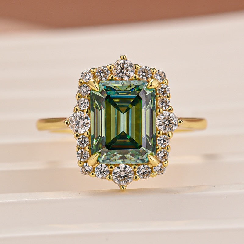 Moissanite 3.0Ct Yellow Gold Halo Emerald Stone Emerald Cut Engagement Ring - Velirellajewelry