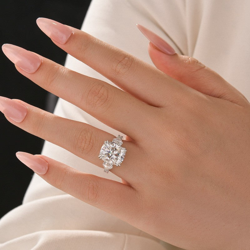 Moissanite 6.0Ct Cushion Cut Three Stone Engagement Ring In Brass - Velirellajewelry