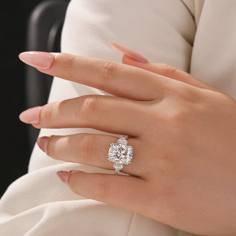 Moissanite 6.0Ct Cushion Cut Three Stone Engagement Ring In Brass - Velirellajewelry
