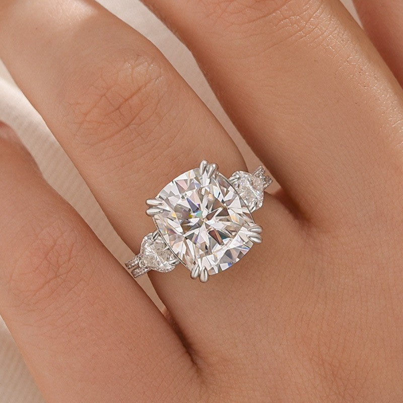 Moissanite 6.0Ct Cushion Cut Three Stone Engagement Ring In Brass - Velirellajewelry