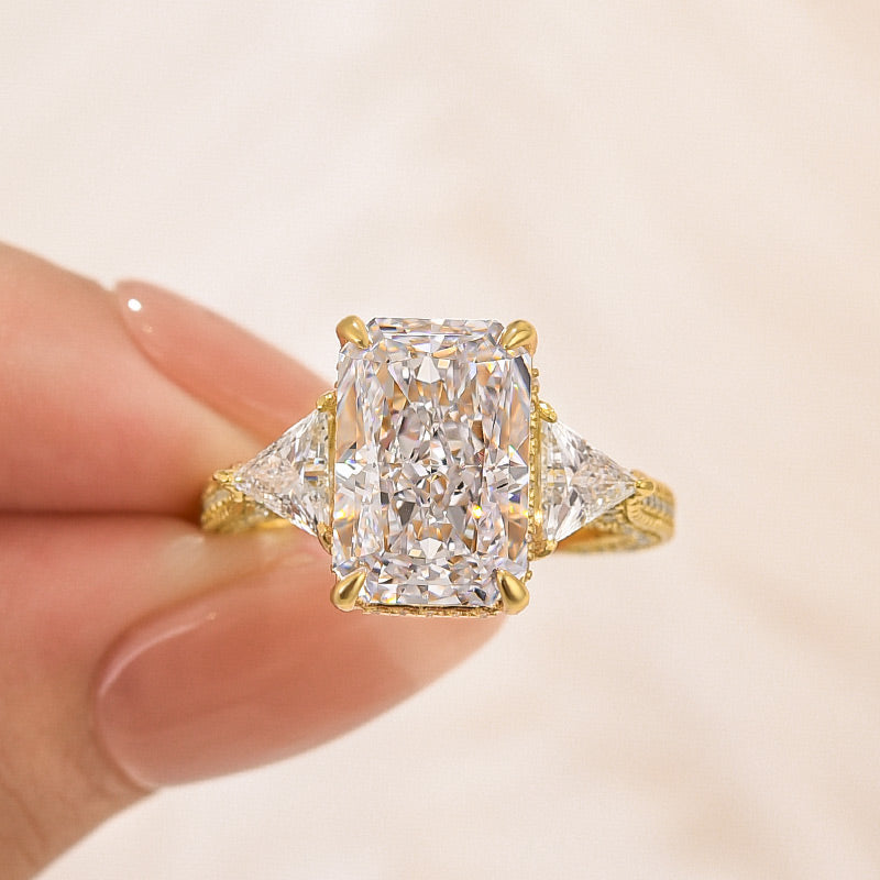5.0 Carat Radiant Cut Three Stone Engagement Ring With Hidden Halo - Velirellajewelry