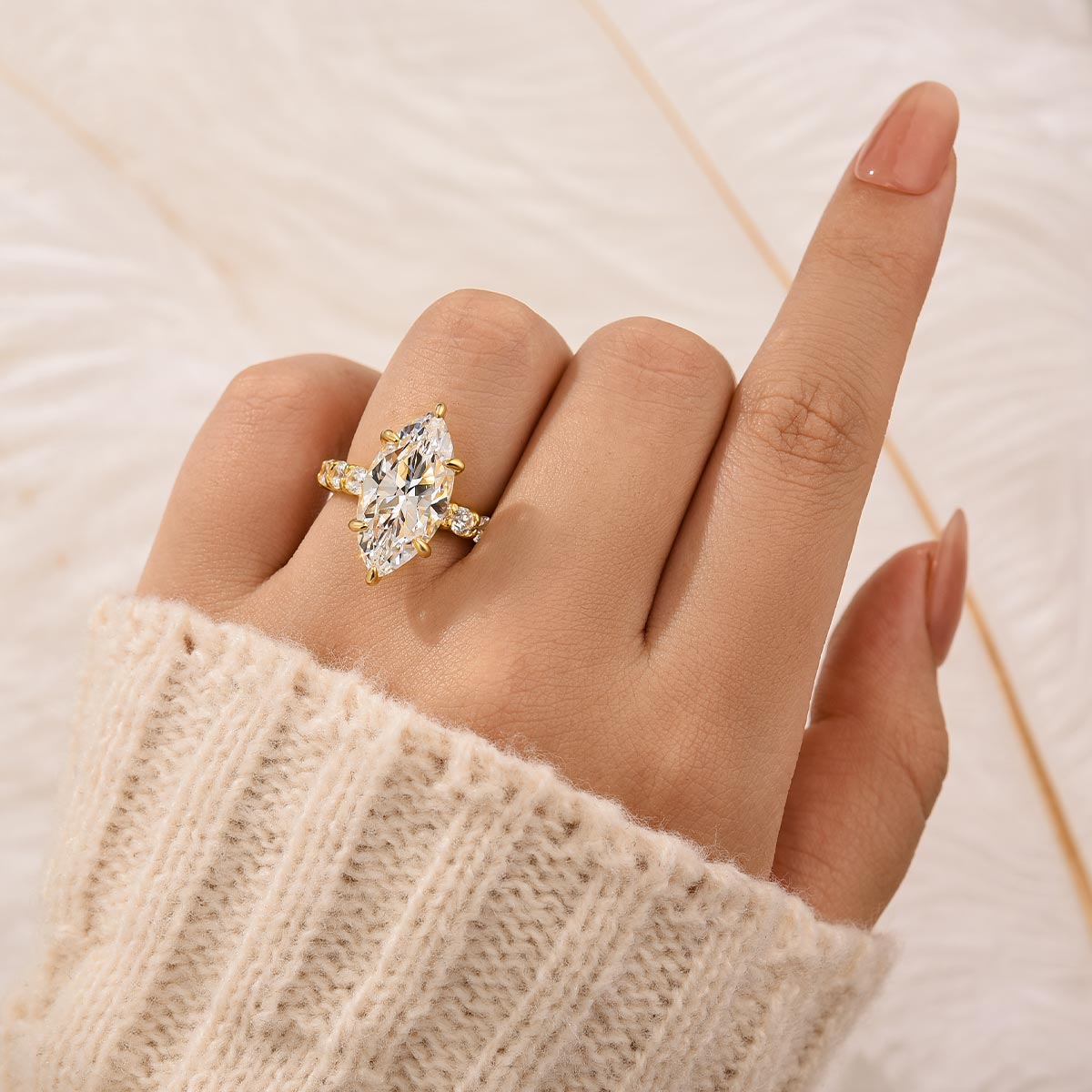 6.0 Carat Marquise Cut Engagement Ring Full Simulated Diamond In Brass - Velirellajewelry