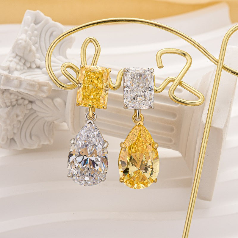 Dainty Radiant Cut & Pear Cut Drop  Earrings In Brass - Velirellajewelry