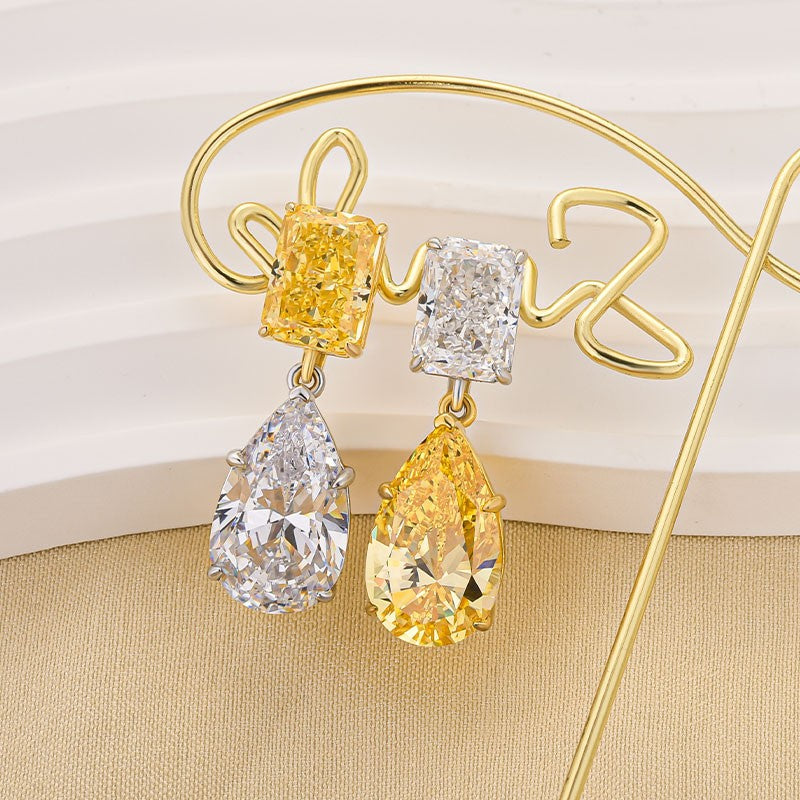 Dainty Radiant Cut & Pear Cut Drop  Earrings In Brass - Velirellajewelry