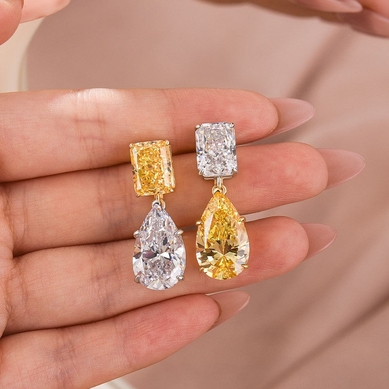 Dainty Radiant Cut & Pear Cut Drop  Earrings In Brass - Velirellajewelry