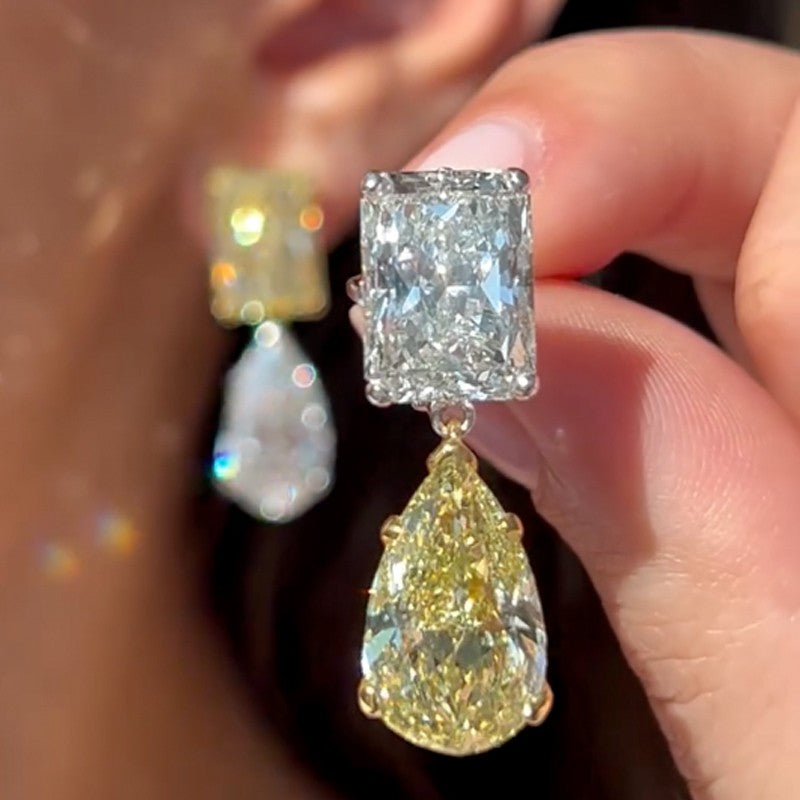 Dainty Radiant Cut & Pear Cut Drop  Earrings In Brass - Velirellajewelry