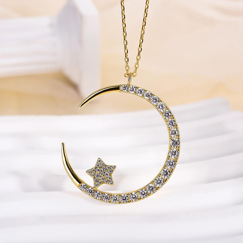 Velirella Yellow Gold Moon Design Round Cut Star Design Necklace In Brass - Velirellajewelry