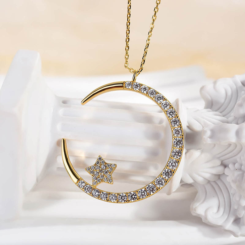 Velirella Yellow Gold Moon Design Round Cut Star Design Necklace In Brass - Velirellajewelry