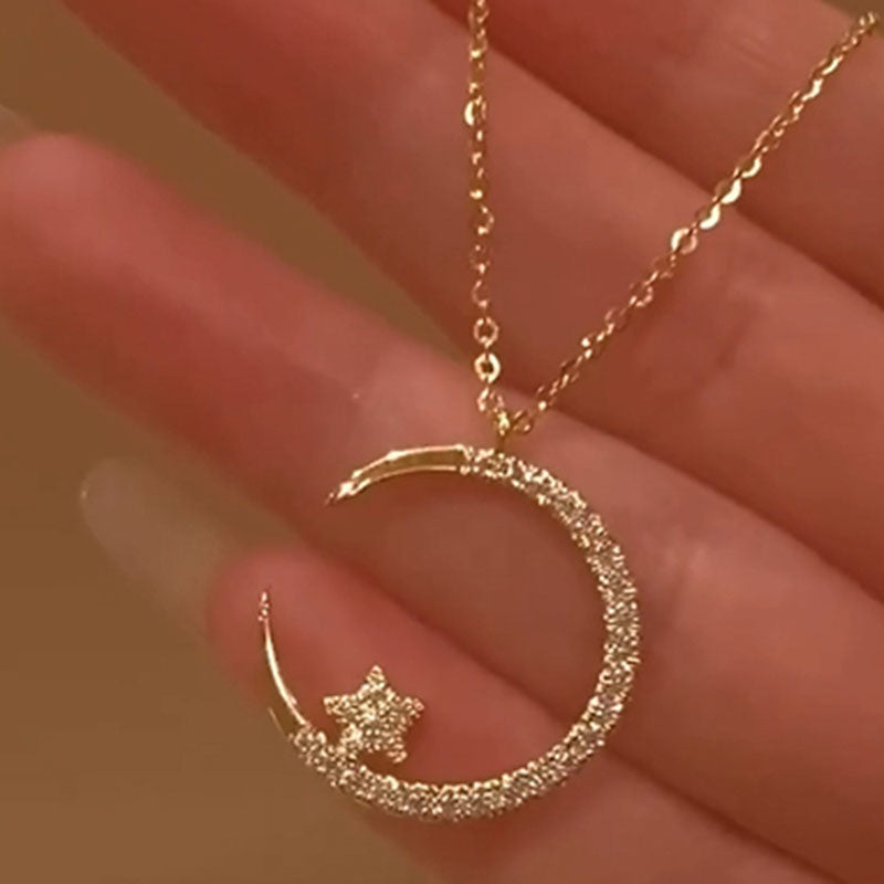 Velirella Yellow Gold Moon Design Round Cut Star Design Necklace In Brass - Velirellajewelry