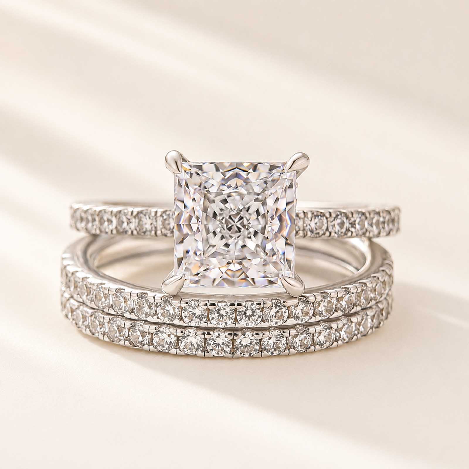 Elegant 3PC 2.0Ct Princess Cut Ring & Two Classic Bands Stackable Ring Set For Date Night
