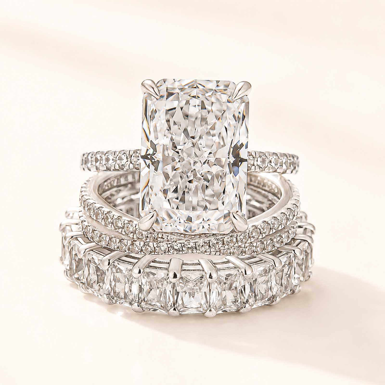 3PC Wedding Sets 7.0Ct Radiant Cut Hidden Halo Half Eternity Engagement Ring with 2PC Design wedding bands