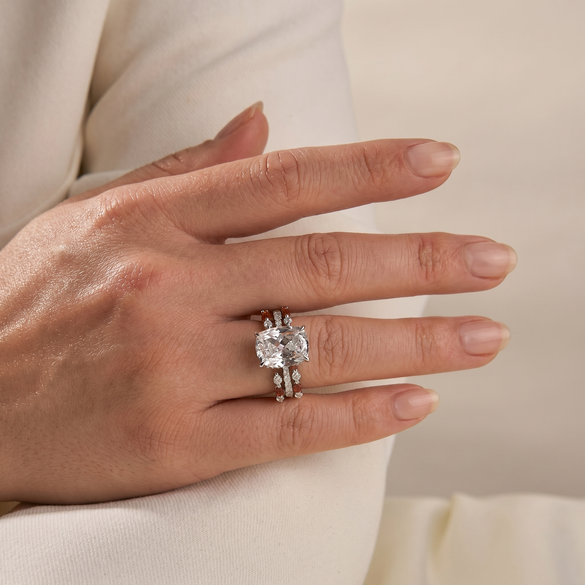  Unique 6.5Ct Cushion Cut Ring With White & Blue Stone Band Enhancer Ring Set For Women