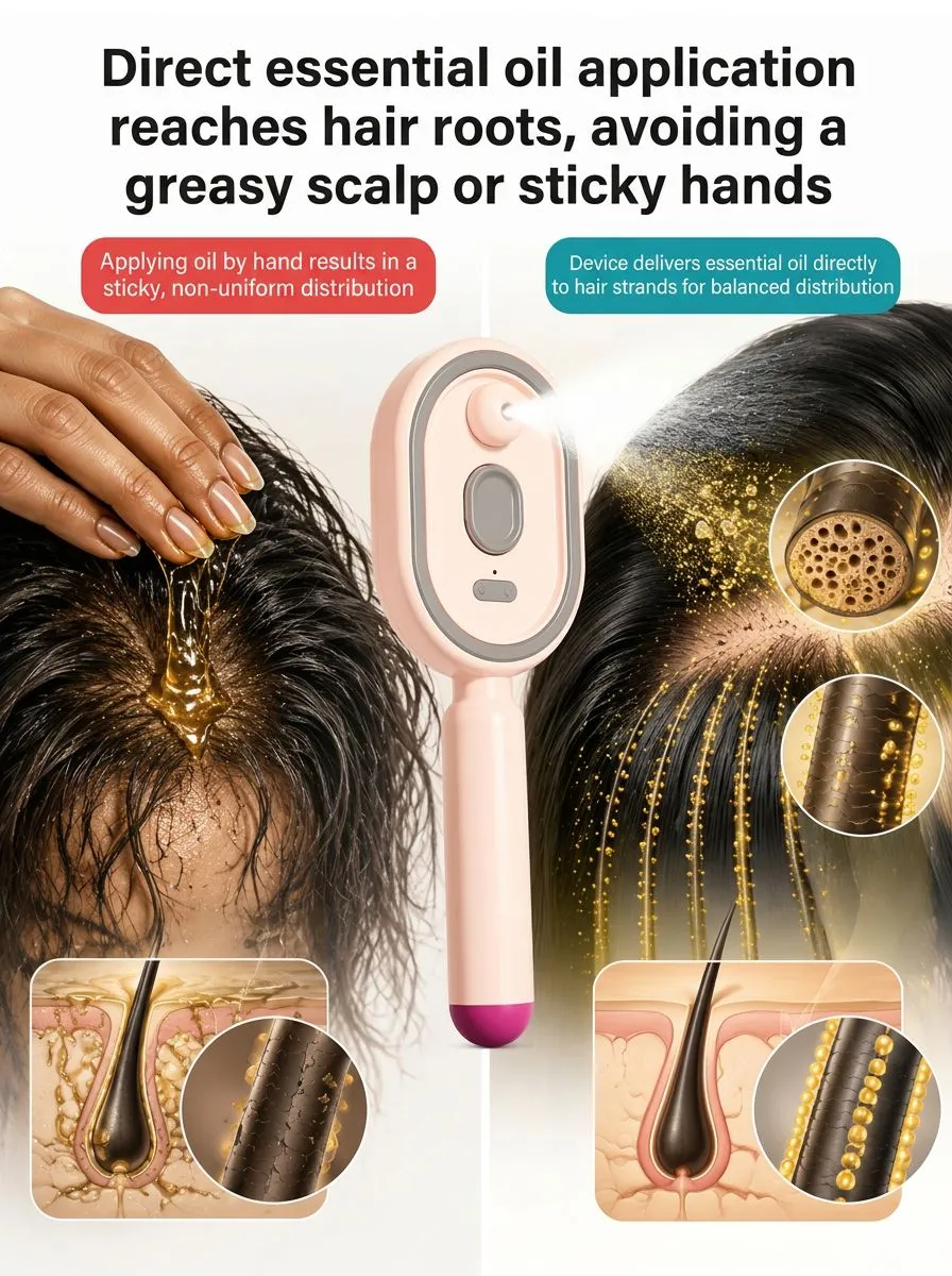 A multifunctional, leave-in essential oil hair care comb with red light therapy