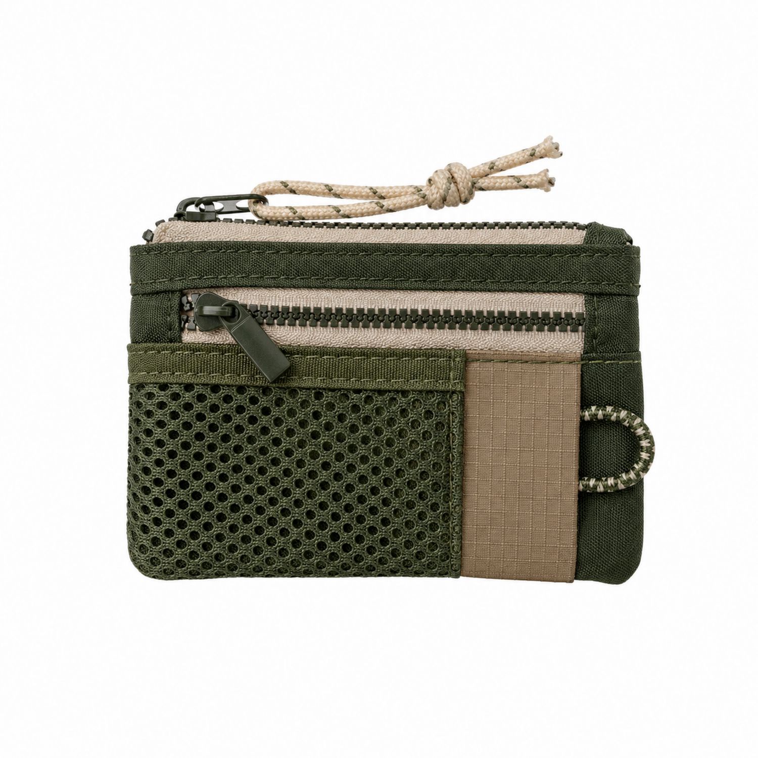 Monedero compacto de malla verde y beige