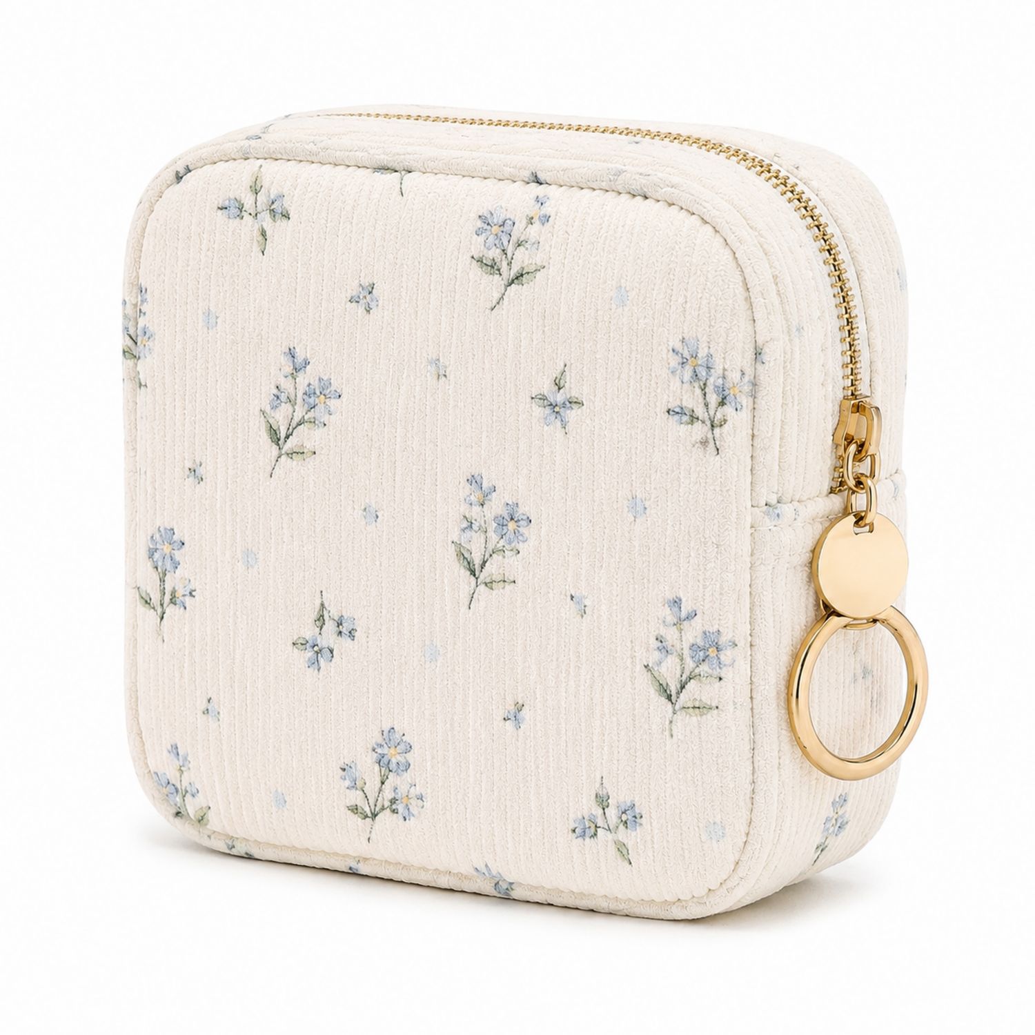 Estuche Floral Beige con Detalles Azules y Cremallera