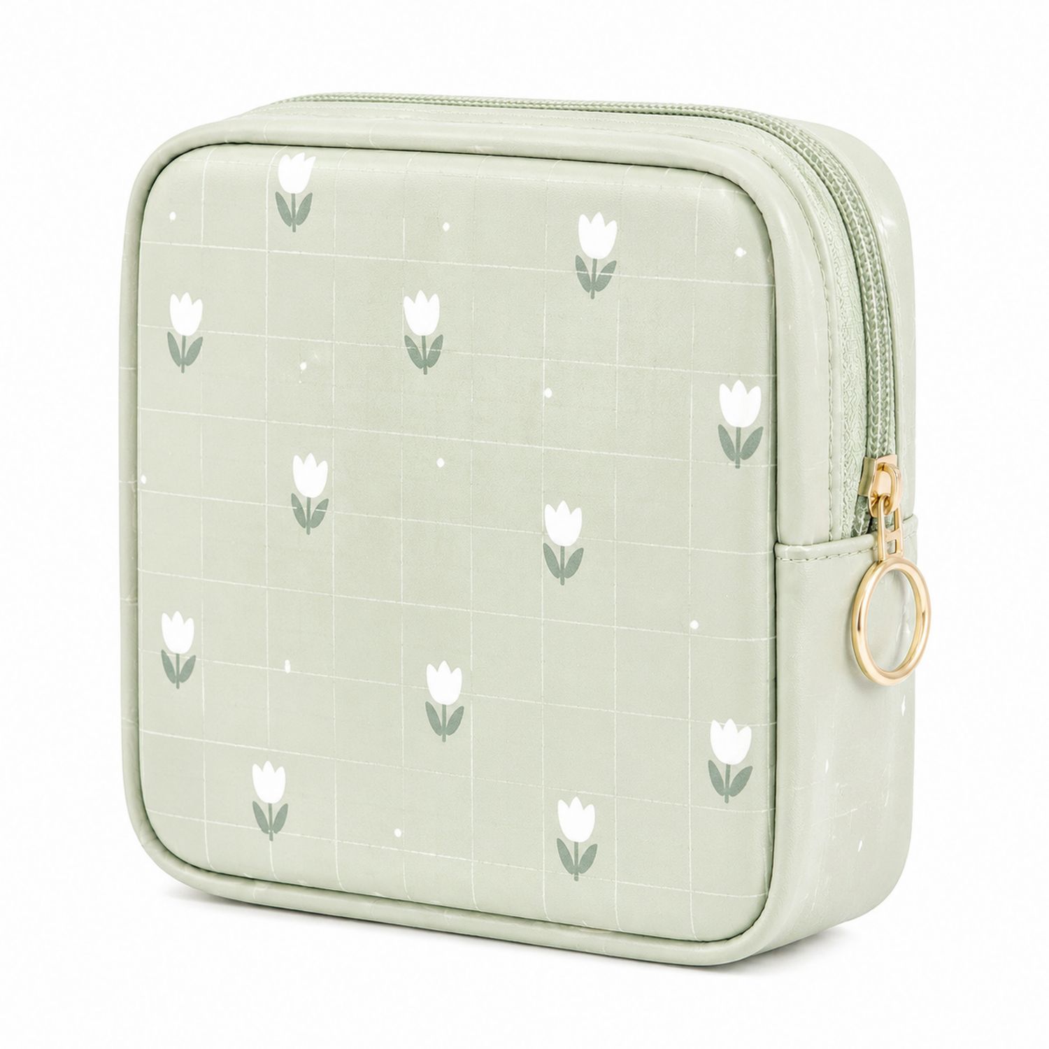 Estuche de Viaje Verde Claro con Flores Blancas