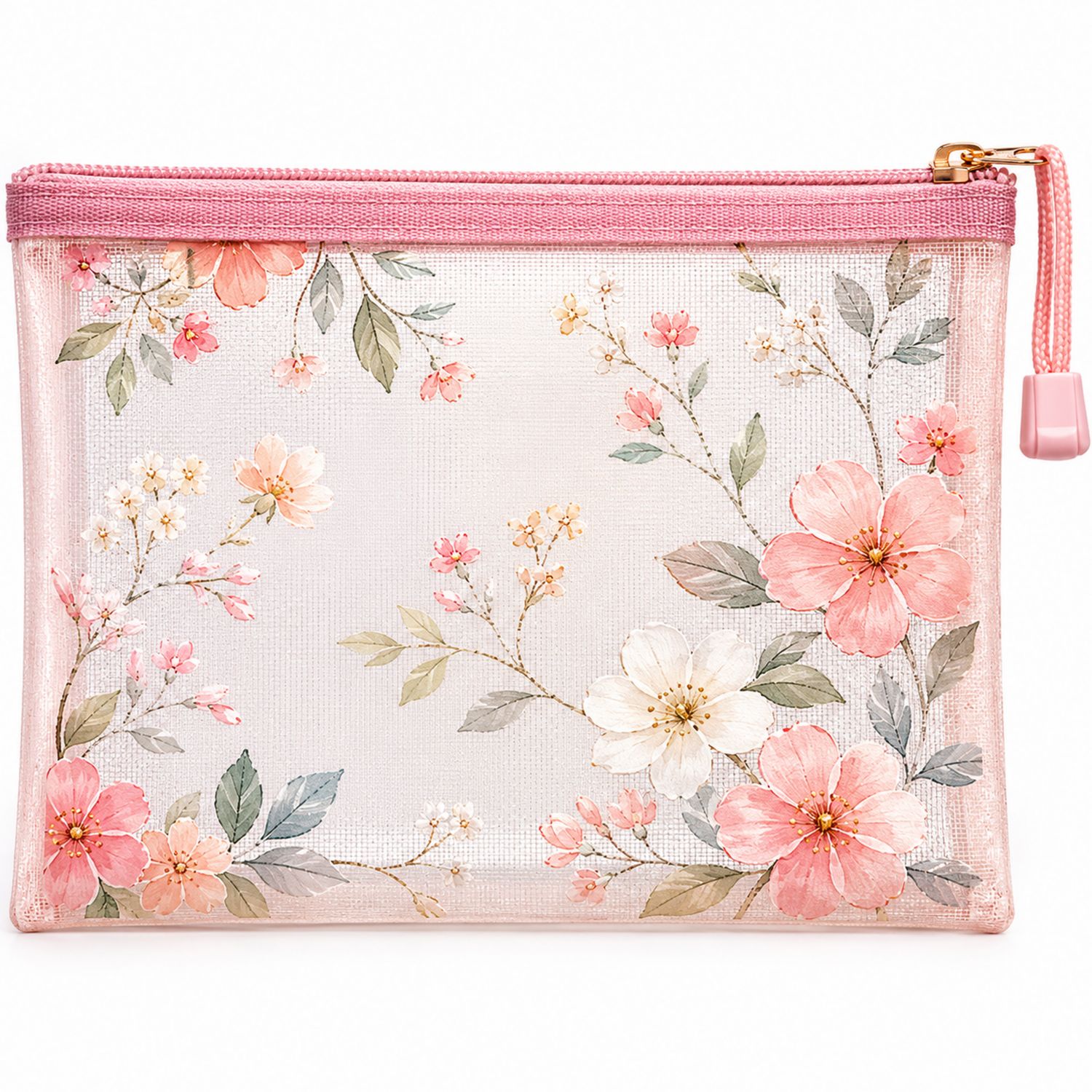 Estuche de Maquillaje Transparente con Diseño Floral en Rosa