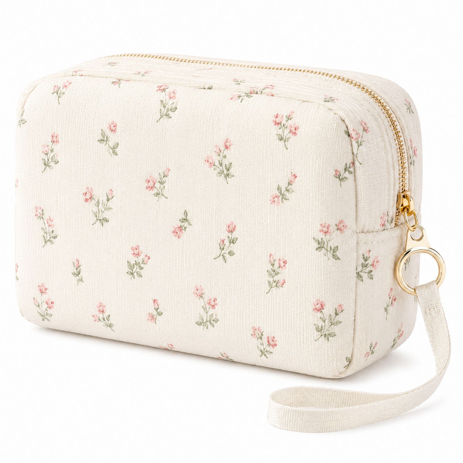 Neceser compacto beige con diseño floral y cremallera