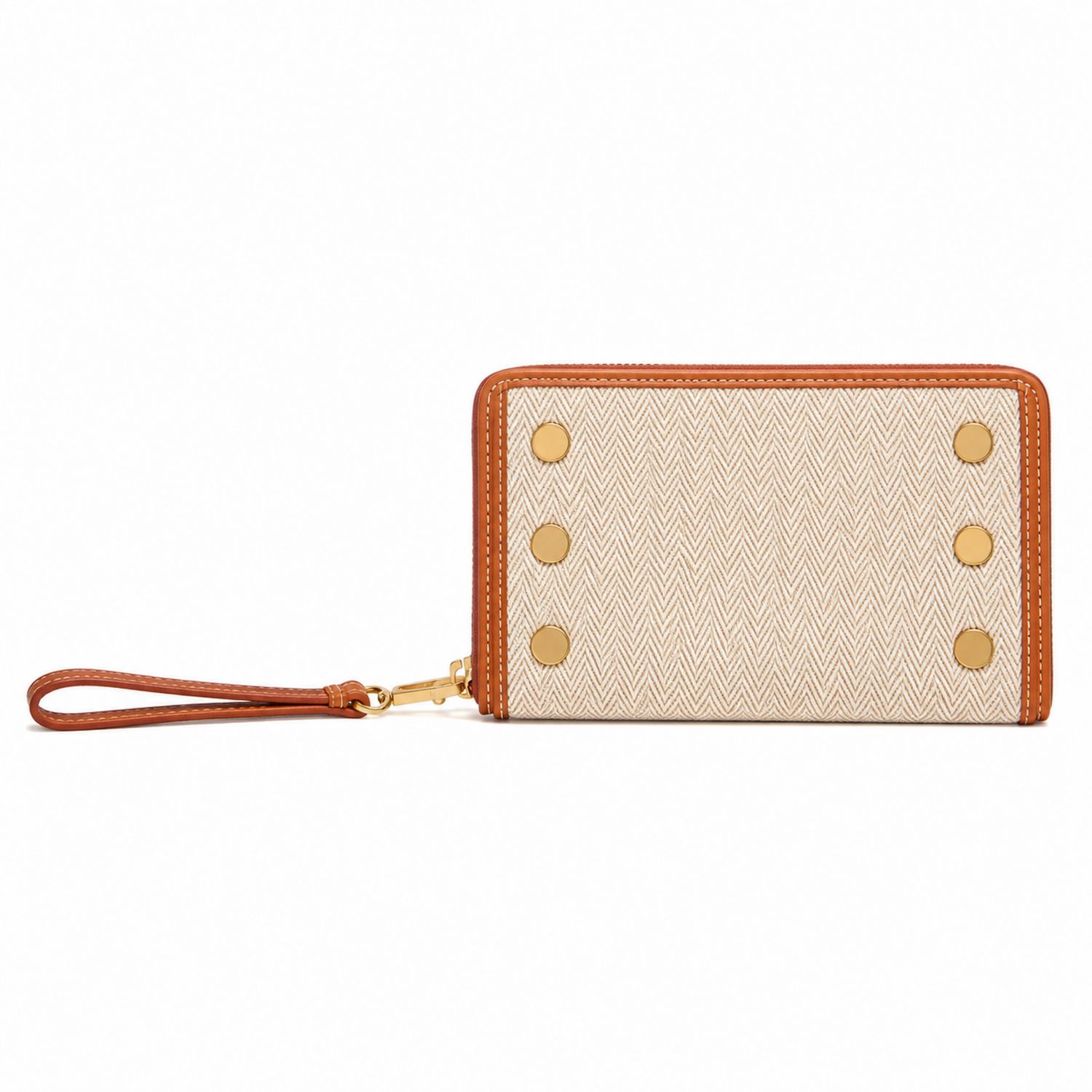 Monedero de Mano Beige con Botones Dorados y Correa Marrón