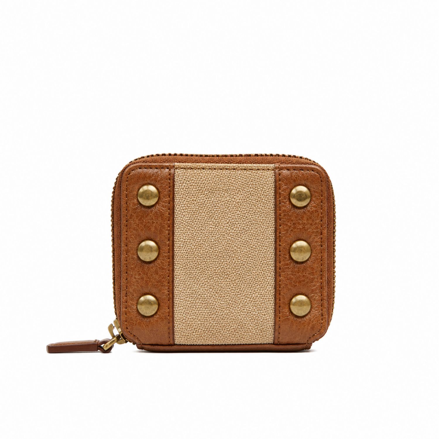Cartera Pequeña de Mujer con Adornos Dorados y Tela Marrón-Beige