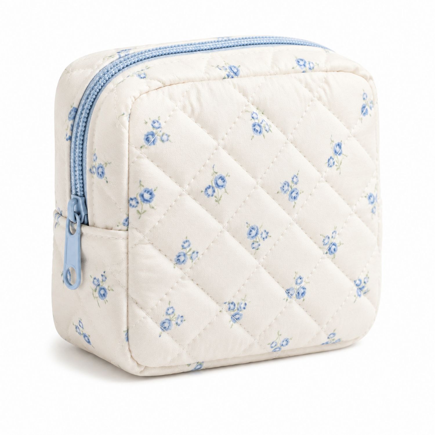 Neceser Acolchado con Flores Azules en Fondo Crema