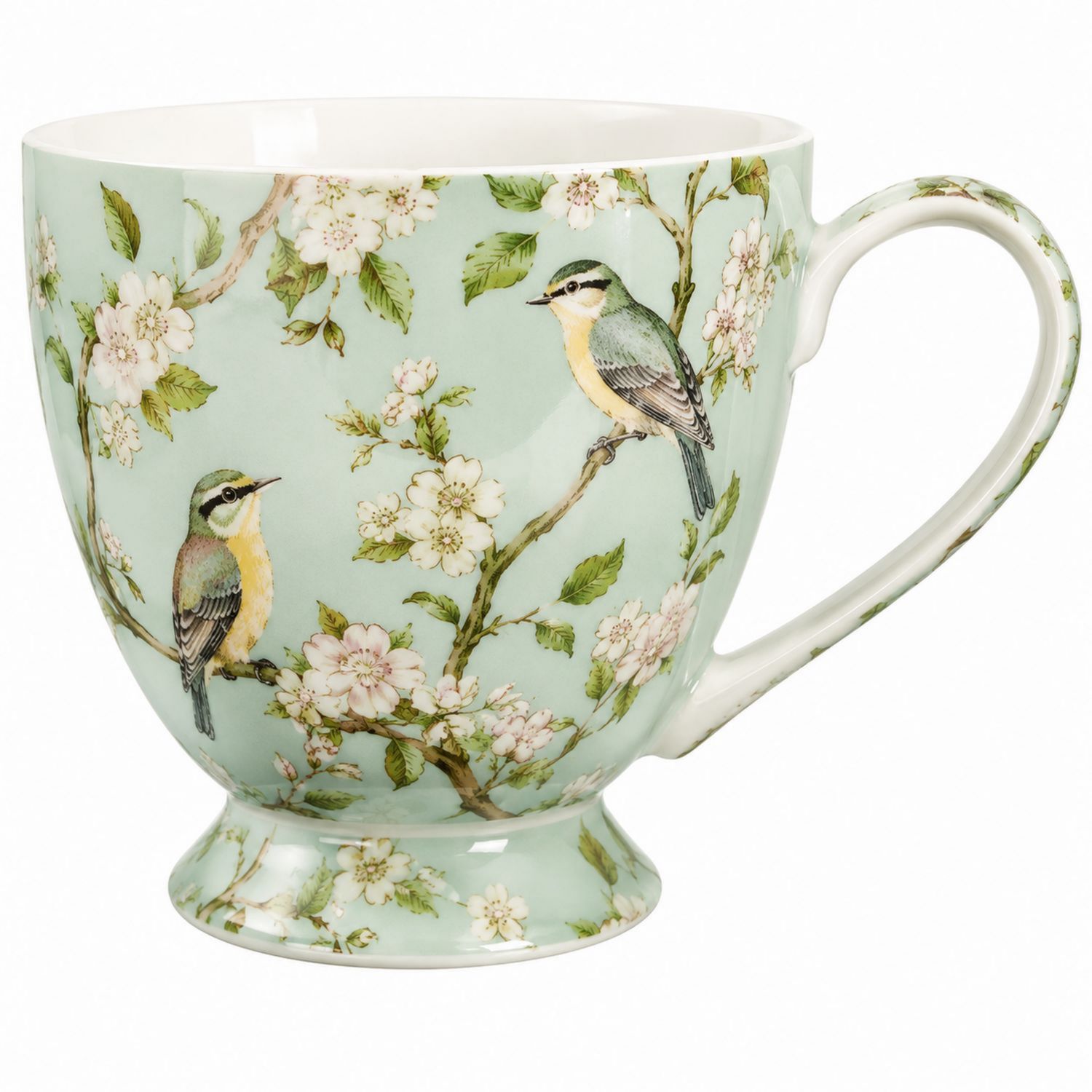 Taza de Porcelana Verde con Pájaro y Flores, Diseño Decorativo 300ml