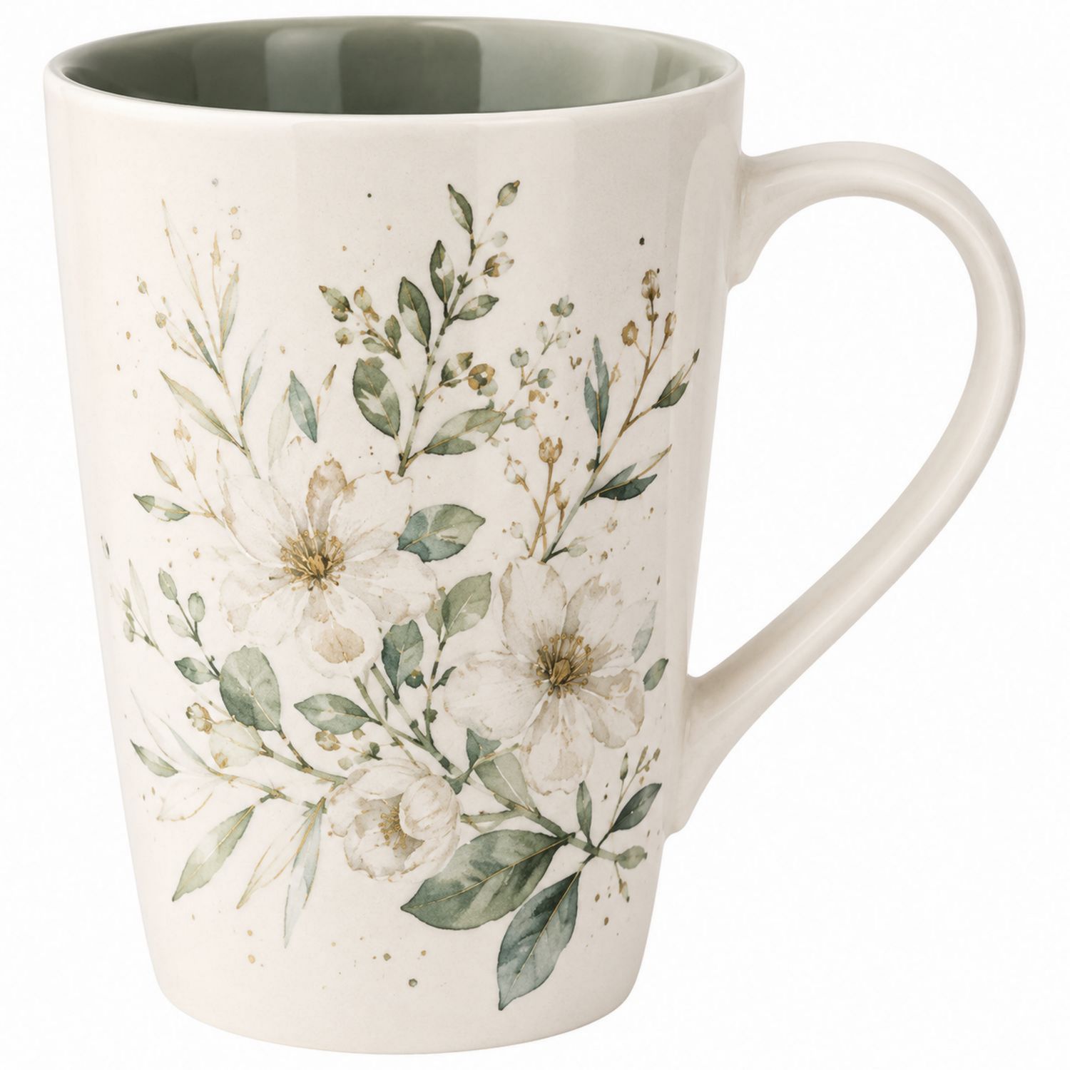 Taza de Cerámica con Diseño Floral Blanco/Verde 350ml