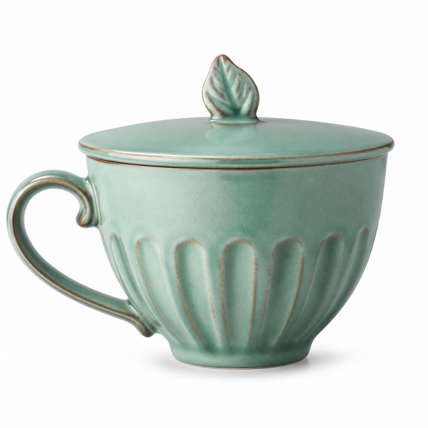Taza de Cerámica Verde con Tapa y Motivo de Hoja