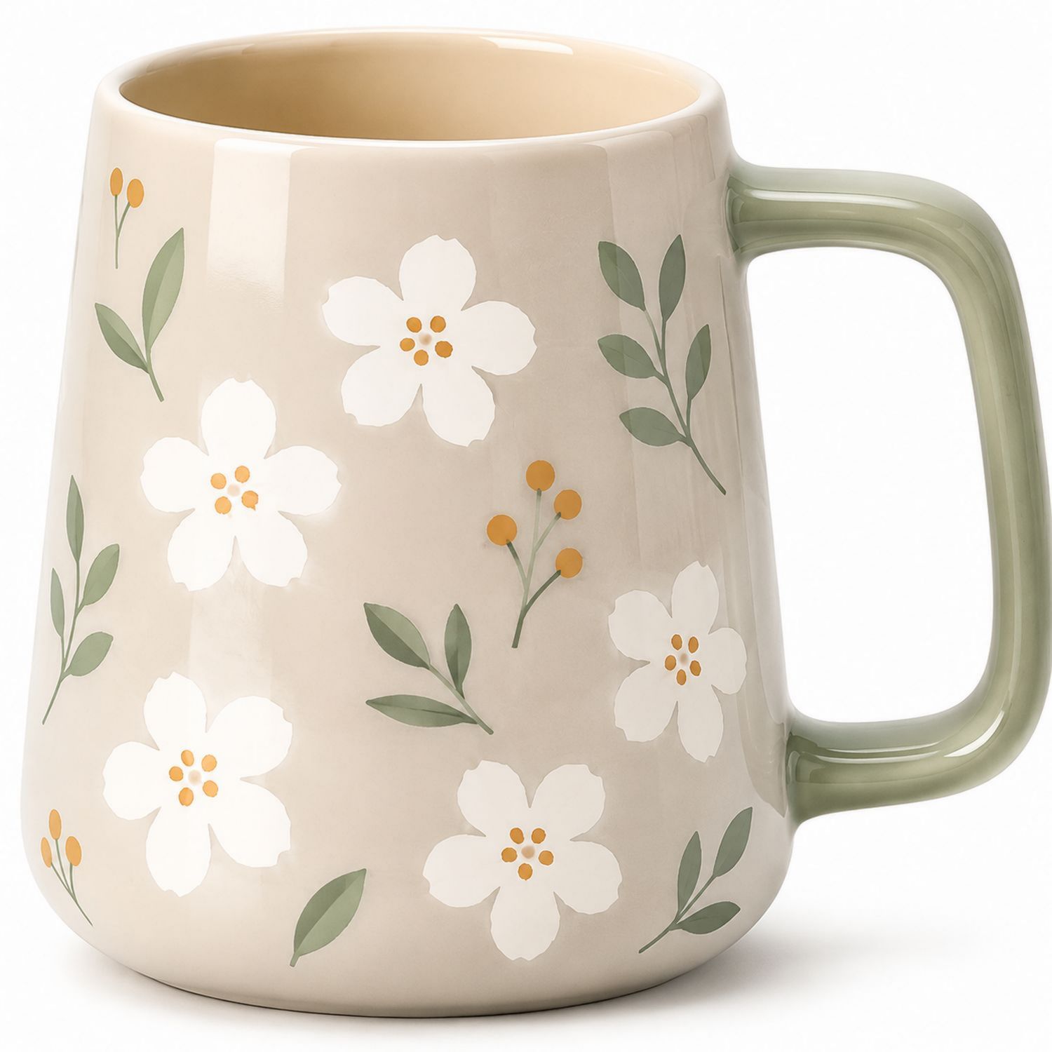 Taza de Cerámica con Diseño Floral Beige y Verde