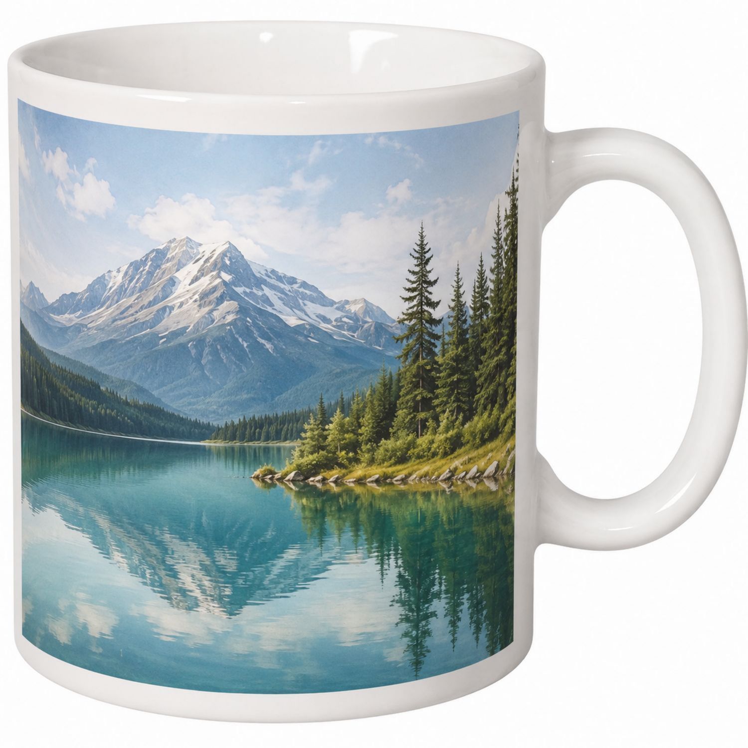 Taza blanca de cerámica con paisaje montañoso 350ml